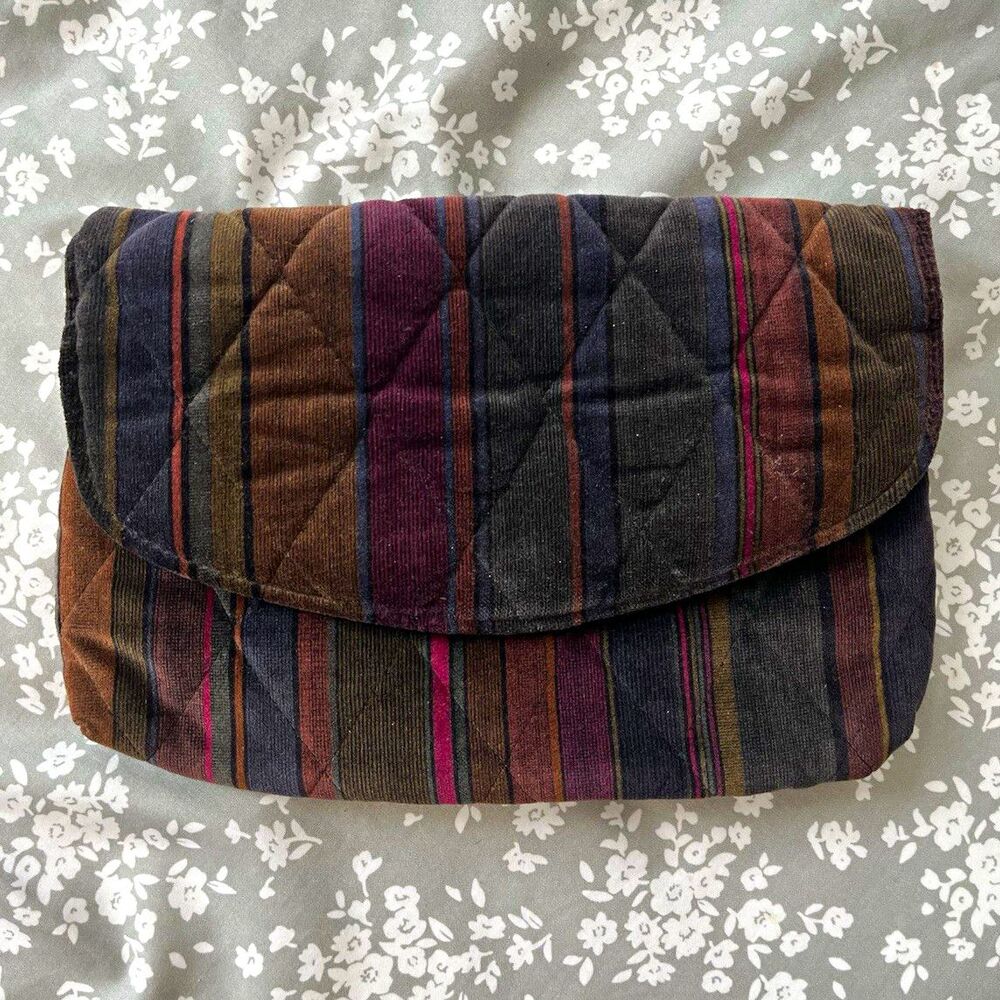 VTG Richmark Multi Color Stripe Corduroy Flap Purse Quilted Hippie Grandmacore